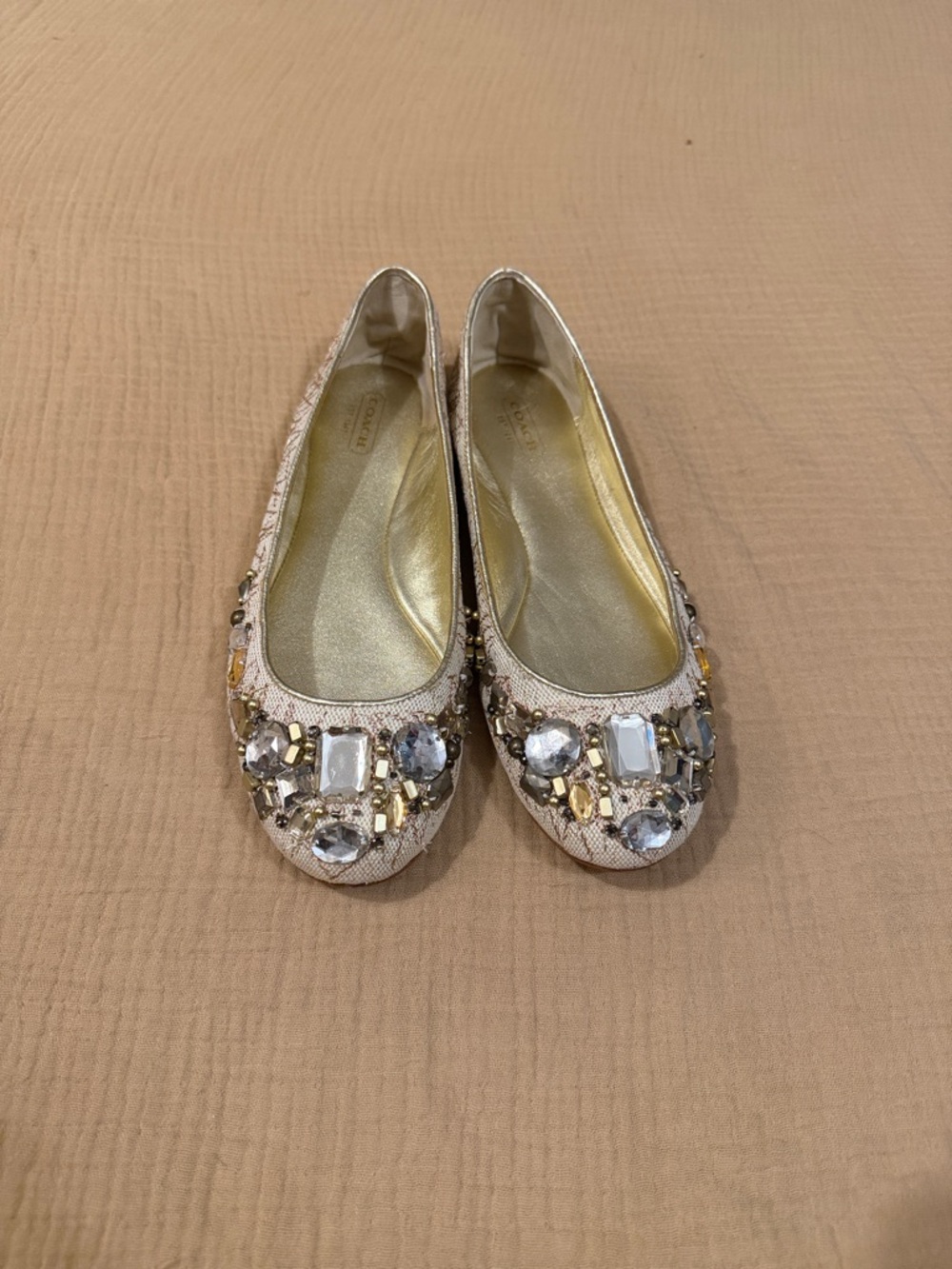 Coach Round-Toe Denisse Embellished Ballet Flats in Gold and Ivory Size 9